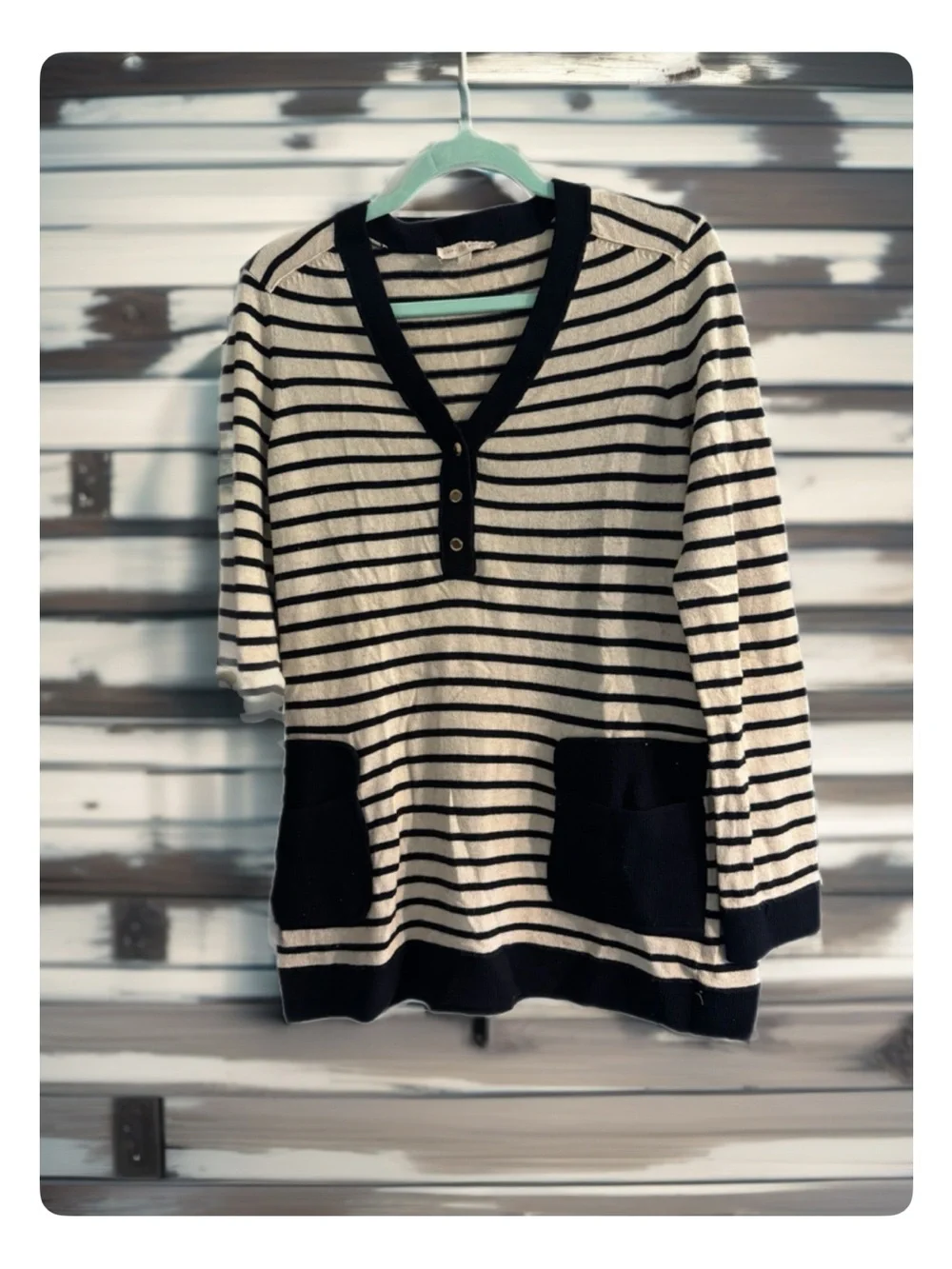 Tory Burch Navy and Cream Striped V-Neck Sweater